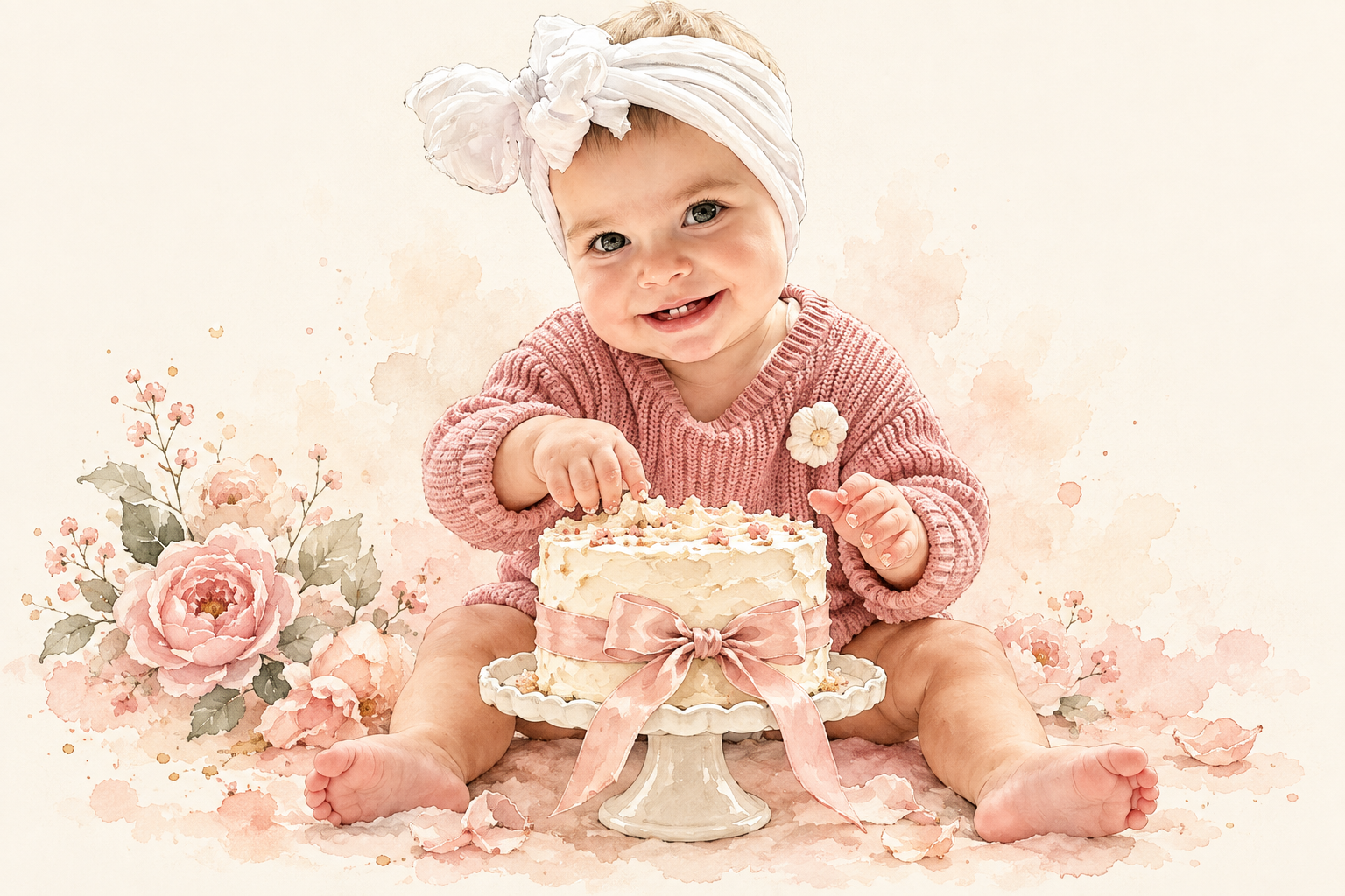 Watercolor portrait of Chloe smiling with her first birthday cake